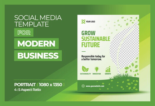 Green Sustainable Business and Eco Friendly Corporate Flyer Template and Portrait Social Media Post Ads.