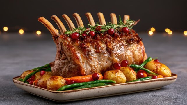 Elegant roast rack of lamb with aromatic herbs, seasonal vegetables, and festive garnishes for holiday dining or special occasions