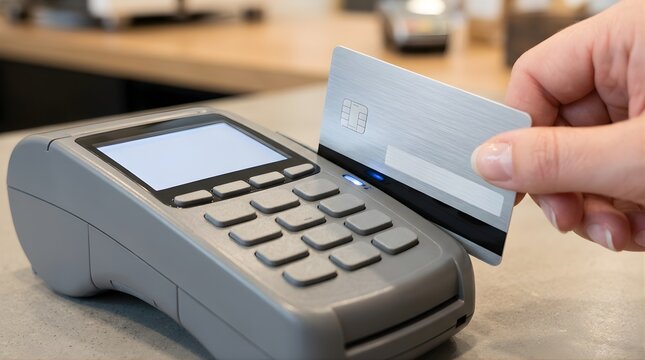 Person inserting blank silver credit card into handheld payment terminal