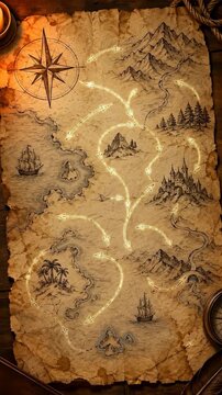 Weathered parchment map progressively reveals glowing route arrows across hand-drawn mountains, forests, sailing ships, island, castle, and compass rose in warm candlelit surroundings