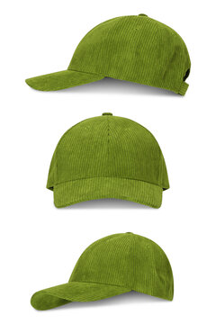 Three views of a green corduroy baseball cap isolated on transparent background