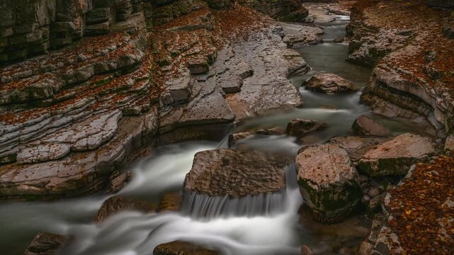 Autumn atmosphere at the course of the Taugl or Tauglbach stream, Tauglgries nature reserve, Tennegau, Bad Vigaun, Austria, time-lapse 4K