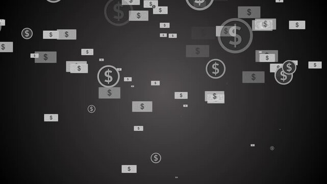 Dark background with scattered rectangular banknote icons and circular dollar symbols animation