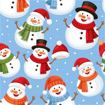 Cheerful snowmen in colorful hats and scarves on blue background with snowflakes
