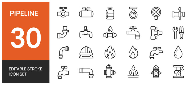 Pipeline and plumbing thin line icon set featuring valves pipes fire water drops and pressure gauges for industrial and utility service branding.