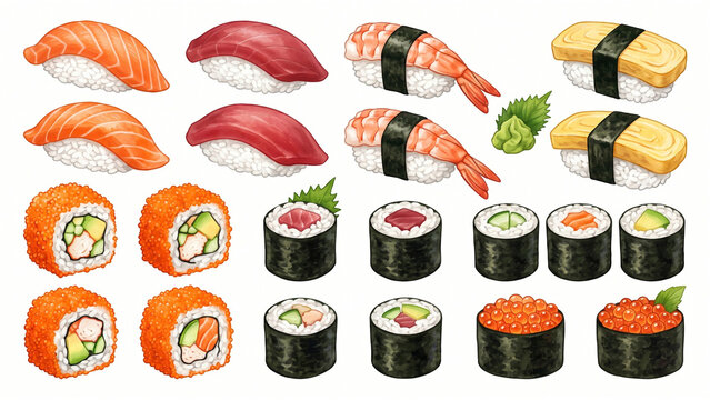 Vector illustration set of fresh Japanese sushi nigiri and maki rolls on white background