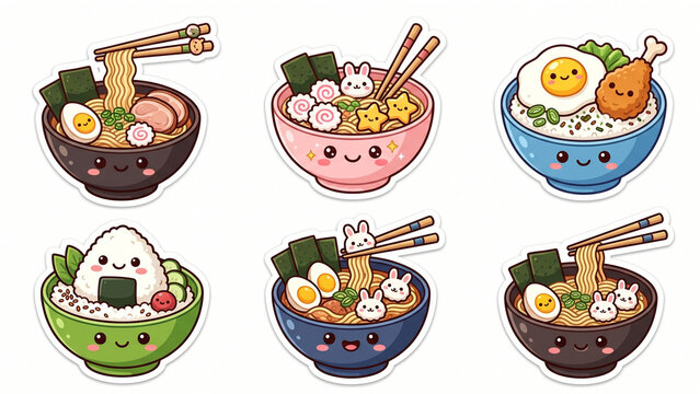 Set of cute kawaii Japanese ramen bowl and Asian food stickers isolated on white
