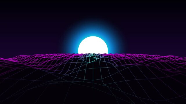 Retro synthwave grid landscape animation with glowing sun