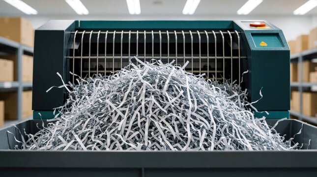 Office paper shredder machine overflows with pile of shredded white paper. Close up of document destruction in waste bin. Business security concept for data privacy, confidential information