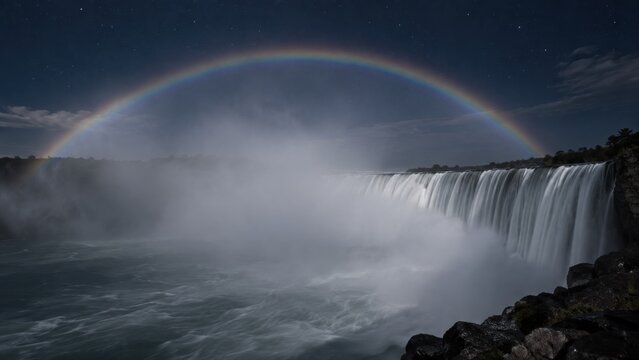 Moonbow above a nocturnal waterfall, pale spectral arc, heavy mist and long-exposure water movement. Atmospheric texture background for design. For climate media and editorial publishing.