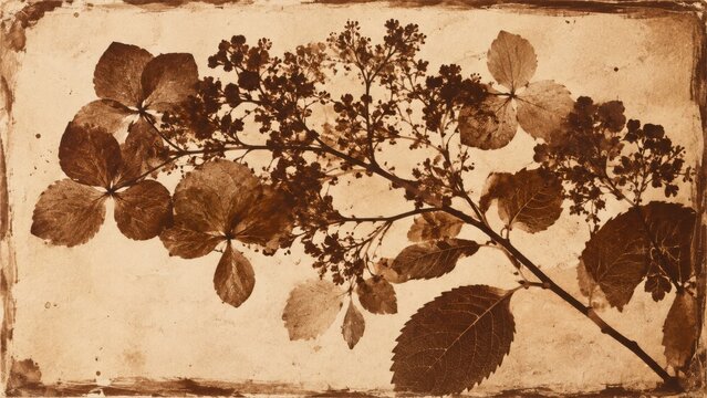 Lumen print botanical contact process, sepia leaf and flower silhouettes with aged photographic border. Scientific texture background for design. For science media and editorial publishing.
