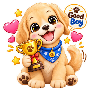 good boy puppy, trophy puppy, puppy sticker, good boy sticker, cute puppy, dog sticker, kawaii puppy, adorable puppy, happy puppy, proud puppy, puppy mascot, dog mascot, cute dog, cartoon puppy, anima