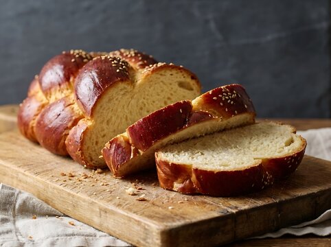 A beautifully braided challah bread a golden brown delight rests invitingly on a rustic wooden board showcasing its soft fluffy interior and