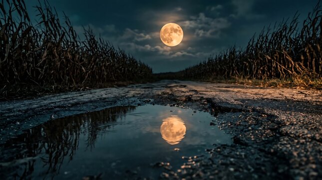 Full harvest moon reflecting in rain puddle on cracked rural road between dry cornfields at night
