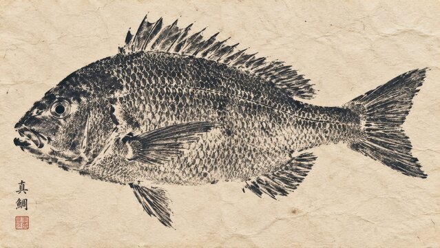 Gyotaku sea bream print on handmade washi, black ink scale detail and traditional red seal mark. Artisan texture background for design. For luxury packaging and cultural publishing.