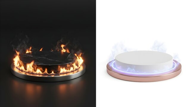 Podium stand with fire and ice flames, realistic 3D product display platforms with glowing energy elements