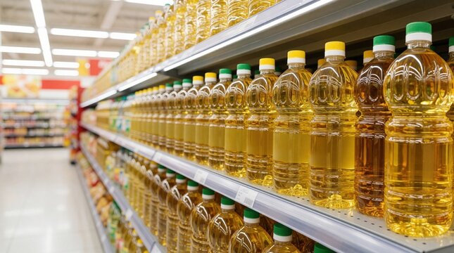 Rows of cooking oil bottles line supermarket shelves. Yellow liquids in clear plastic containers offer a variety of choices for shoppers seeking pantry and food ingredients.
