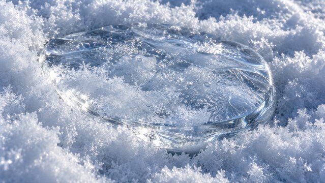 Frozen gas bubble embedded in powder snow, clear circular ice lens and feathered internal crystal lines. Winter texture background for design. For climate media and seasonal publishing.