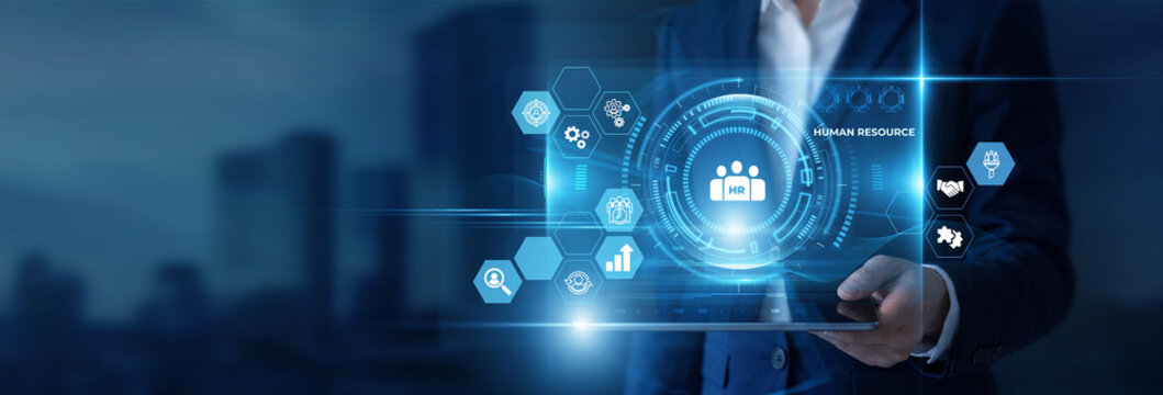 Businessman Hand Holding Digital Tablet to Analyze Human Resource Data and HR Management, Employee Engagement, Talent Acquisition, Workforce Analytics, Performance Review, Staff Recruitment
