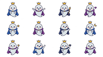 Fototapeta premium Modern Chibi Style Cartoon Characters with Crowns and Magic Accessories in Purple Blue and Gold Whimsical Fantasy Set