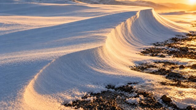 Snow cornice shaped by persistent wind, smooth curling crest, golden rim light and exposed ground. Winter texture background for design. For climate media and seasonal publishing.