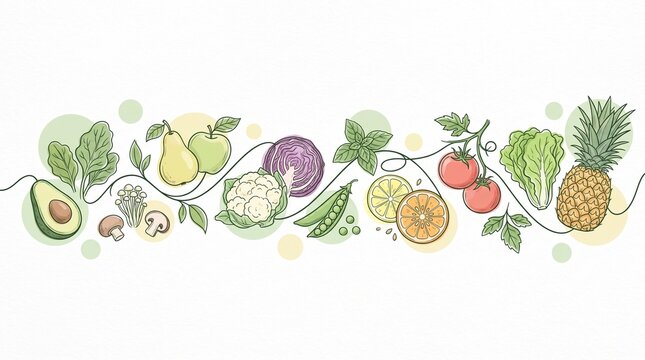 Hand drawn botanical illustration of fresh fruits and vegetables in a row