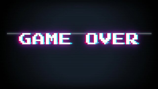 Retro pixel game over screen with neon glitch effect