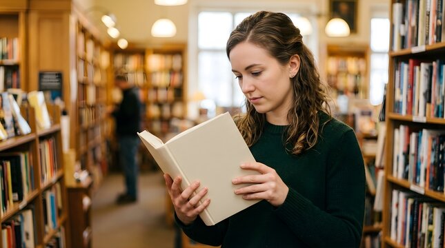 Young woman reading open book standing inside public library aisle