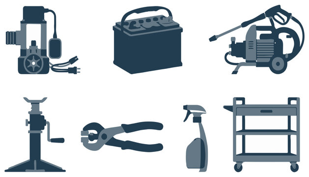 Submersible bilge pump battery pressure washer and workshop tools collection in blue and grey tones for marine and garage maintenance use.