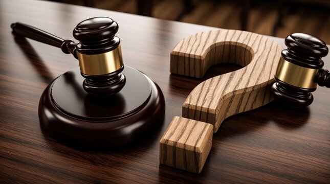 Wooden question mark and gavel rest on courtroom desk. Symbolizes legal uncertainty justice and judicial deliberation. Represents doubt and inquiry in law.