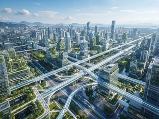 Fototapeta premium Aerial view of green futuristic metropolis with elevated transit skyways and vertical garden skyscrapers on sunny day 