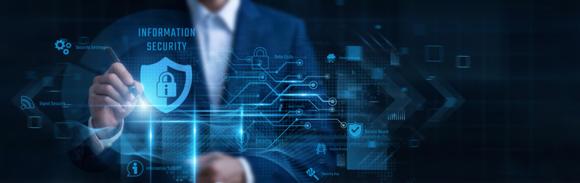 Businessman Pointing Information Security, corporate data protection and sensitive information defense policy, cybersecurity risk management, digital threat prevention, compliance governance framework