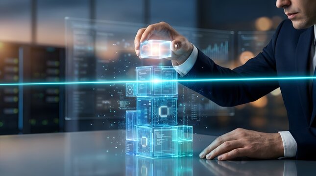Businessman assembling glowing digital cubes or data blocks to build complex software infrastructure, cloud server systems, and artificial intelligence solution in a modern data center office