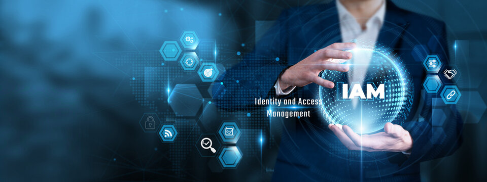 Businessman Hand Hold Identity and Access Management and global User Authentication Security, Digital Cyber Protection, Encrypted Access Control, Biometric Safety System