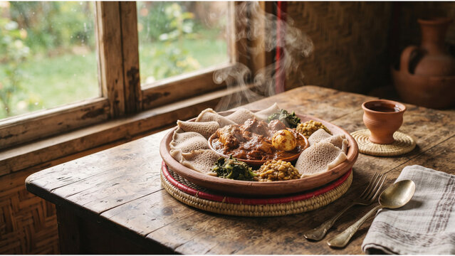 Traditional Ethiopian injera with spicy doro wat stew, authentic African cuisine on rustic wooden table, steaming hot meal in a cozy cottage setting