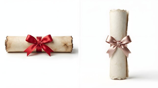Old vintage parchment paper scrolls tied with elegant red and pink satin ribbons isolated on white background for diploma or message