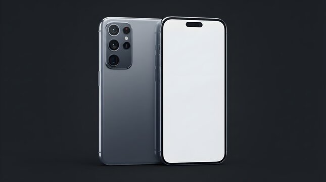 Modern smartphone mockup with blank white screen and back view showing multi camera lens setup on dark background