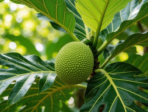 Closeup of green breadfruit growing on tree in tropical rainforest. Large textured fruit hangs among rich leaves in Costa Rica. Natural organic food plant in Tortuguero National Park jungle. Exotic