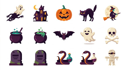 Obraz premium Modern Halloween Themed Icon Set Colorful Ghost Black Cat Witch Pumpkin Cauldron Bat Skull Graveyard and Potion Bottles