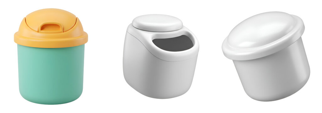 Three modern plastic waste bins or kitchen food storage containers rendered in vibrant pastel colors and clean white finishes presented isolated on transparent background