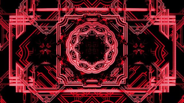 Metallic red art deco VJ loop with flashing kaleidoscope mandala