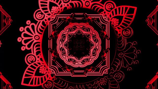 Red art deco VJ loop with floral ornaments around a pulsing mandala