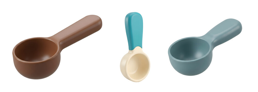 Modern plastic scoops for measuring dry ingredients like coffee or protein powder featured in three unique colors and sizes showcased elegantly isolated on transparent background