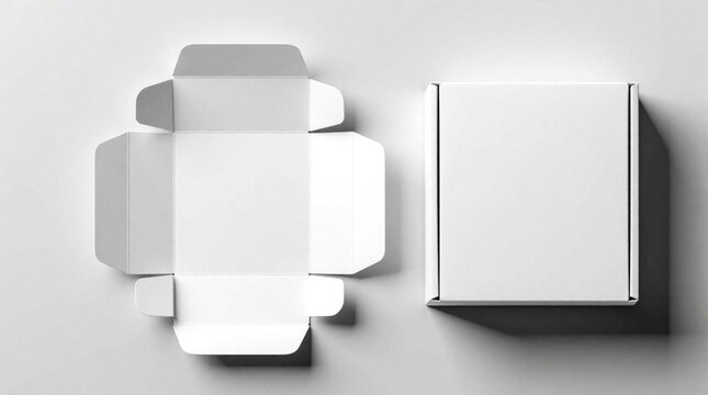 White cardboard box template unfolded next to assembled container. Minimalist packaging design shows flat layout and 3D product form for branding.