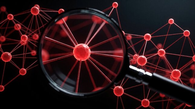 Magnifying glass reveals intricate red network of connected spheres. Detailed analysis of abstract molecular structure on dark background. Science and tech visualization.