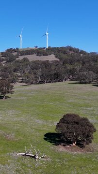Wind Turbines Spinning on Rolling Green Hills Under Blue Sky