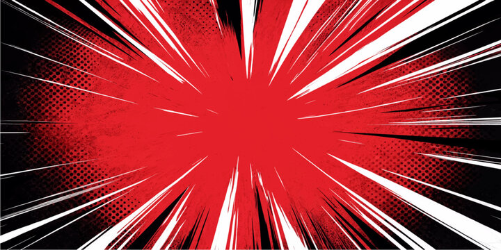 Red comic explosion background with black accent rays and halftone texture pop art vector design
