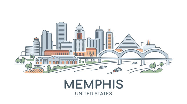 Modern Memphis cityscape illustration showcasing diverse skyscrapers bridges and waterfront scenic views in a sleek digital art