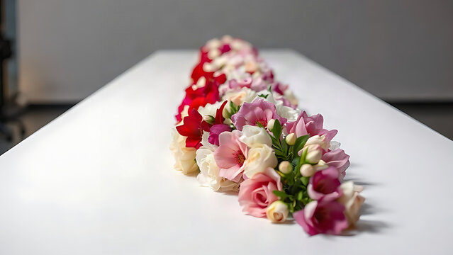 Artificial flowers arranged in a neat row on white table, contrived fake and unnatural concept