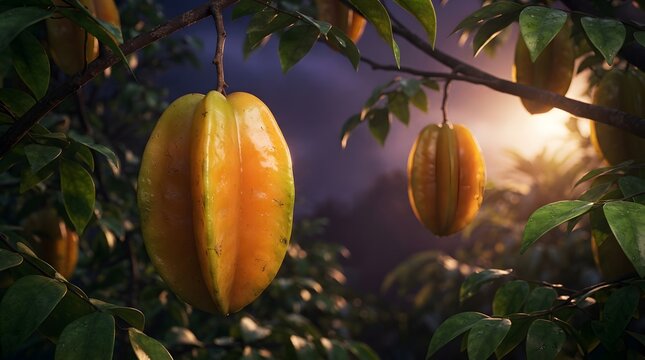 Ripe Yellow Starfruit Hanging on a Tree Branch in a Lush Tropical Orchard Garden During Golden Hour Sunset, Averrhoa Carambola Fruit with Beautiful Backlit Lighting and Green Leaves Background